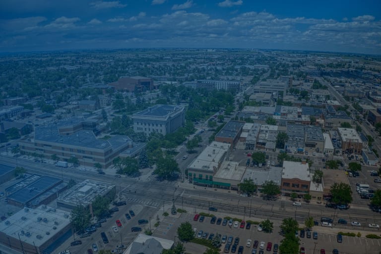 Aerial view of downtown Greeley, Colorado, with the Weld County courthouse and 9th Street historic district