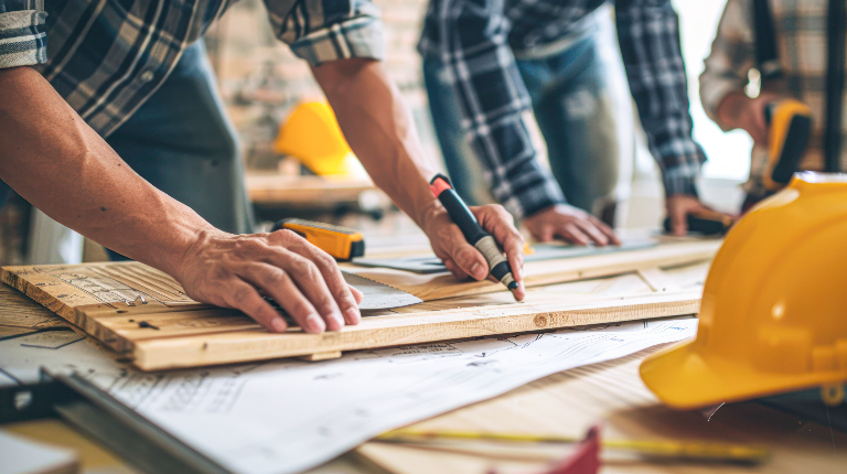 Craftsmen marking measurements on lumber at a workbench, hard hats nearby